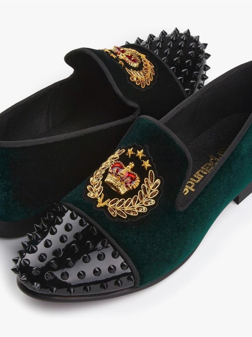 Velvet Spiked Loafers with Embroidered Crest - Green & Black